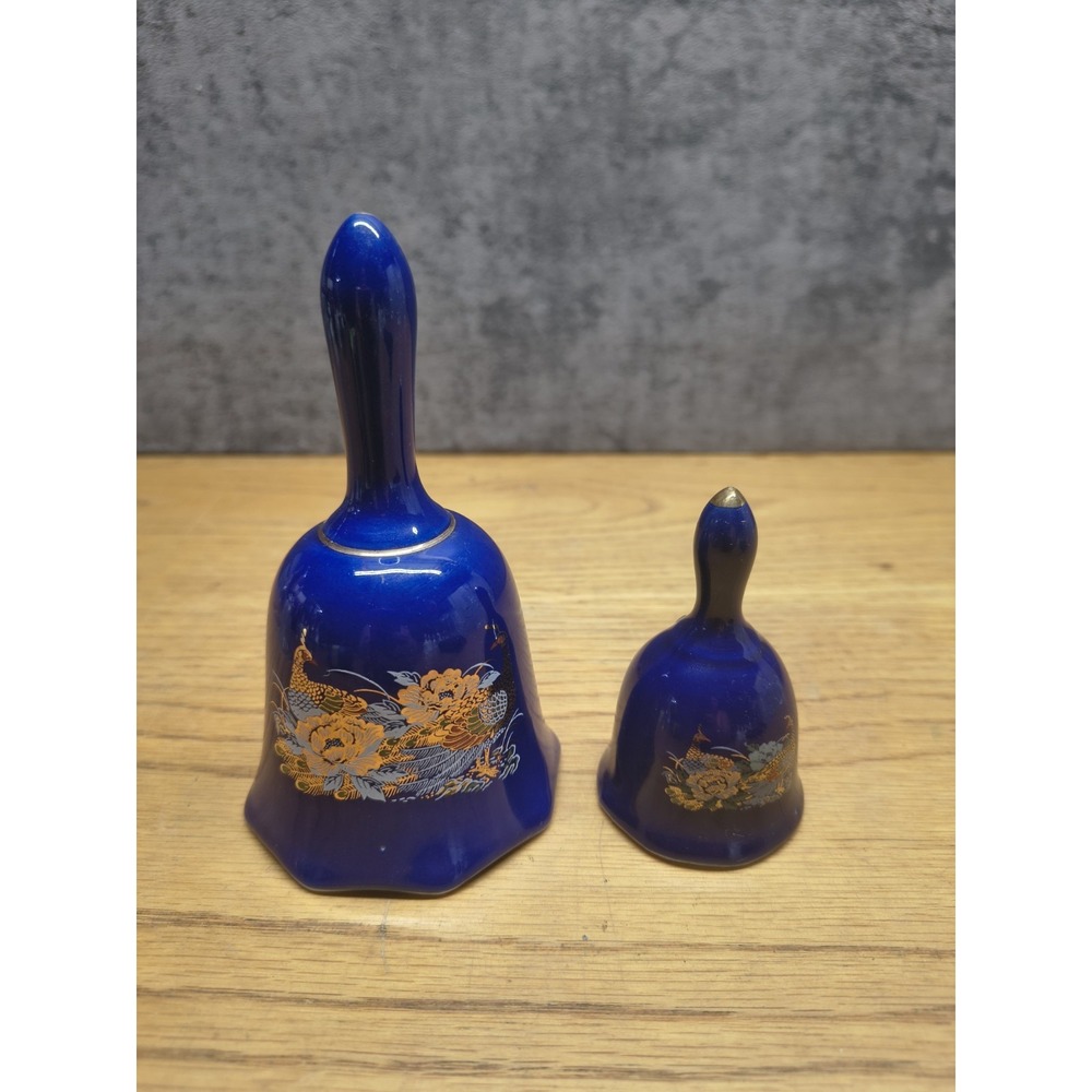 Vintage Cobalt Blue Porcelain Bell set with Pheasant/Peacock Design